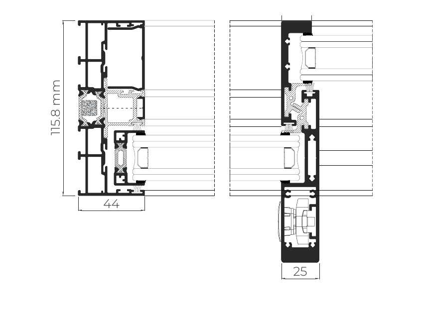 Plan drawing of the COR Vision interlock with the concealed handle, 20 to 25 mm