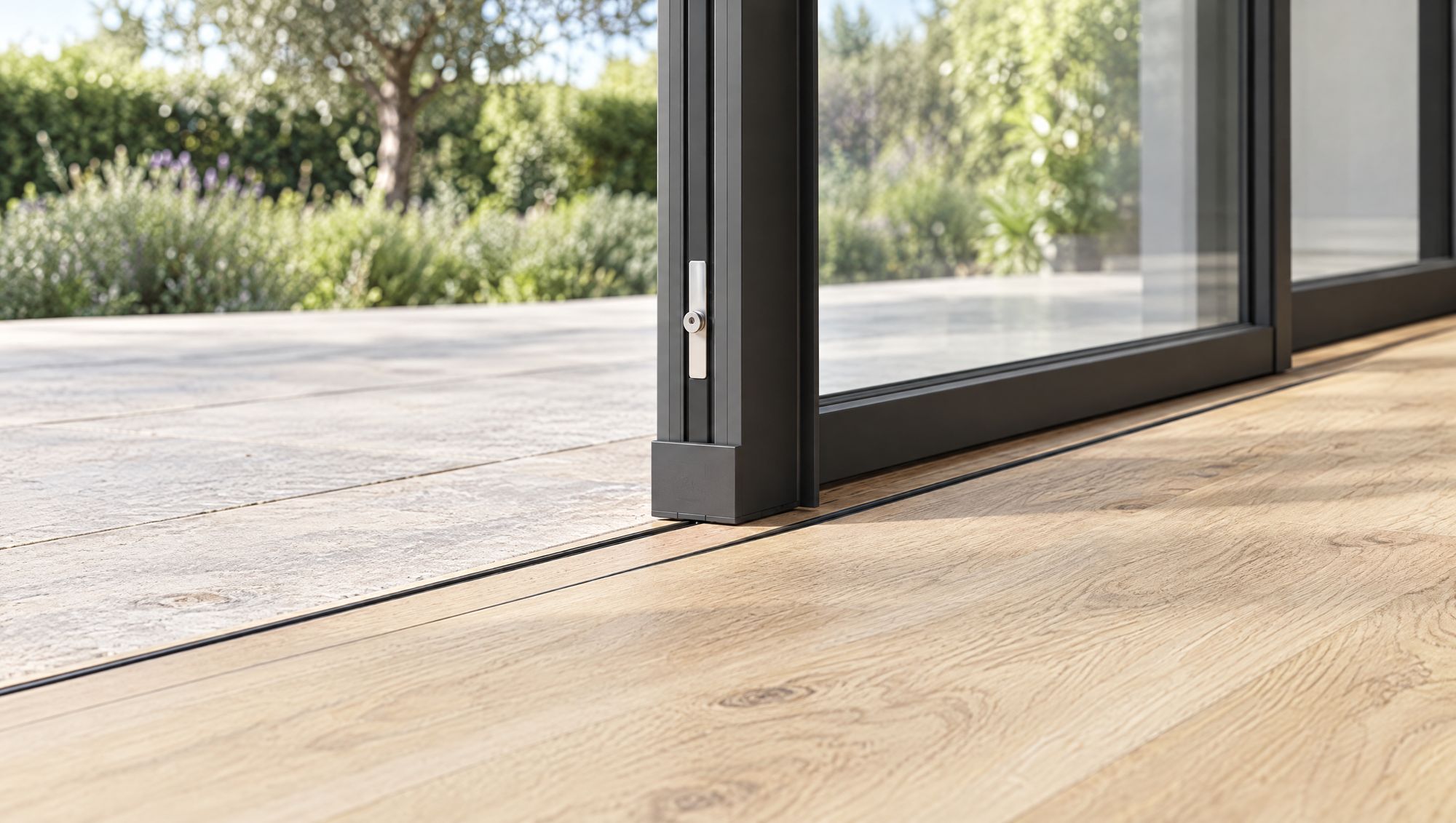 Slim sliding door running on a hidden track set flush into an oak floor