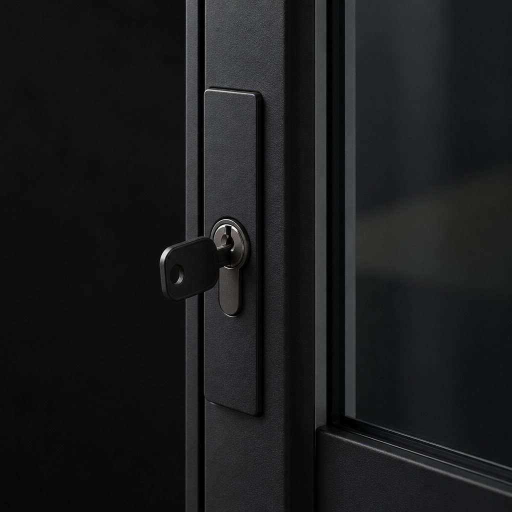 Lock with key in a steel door