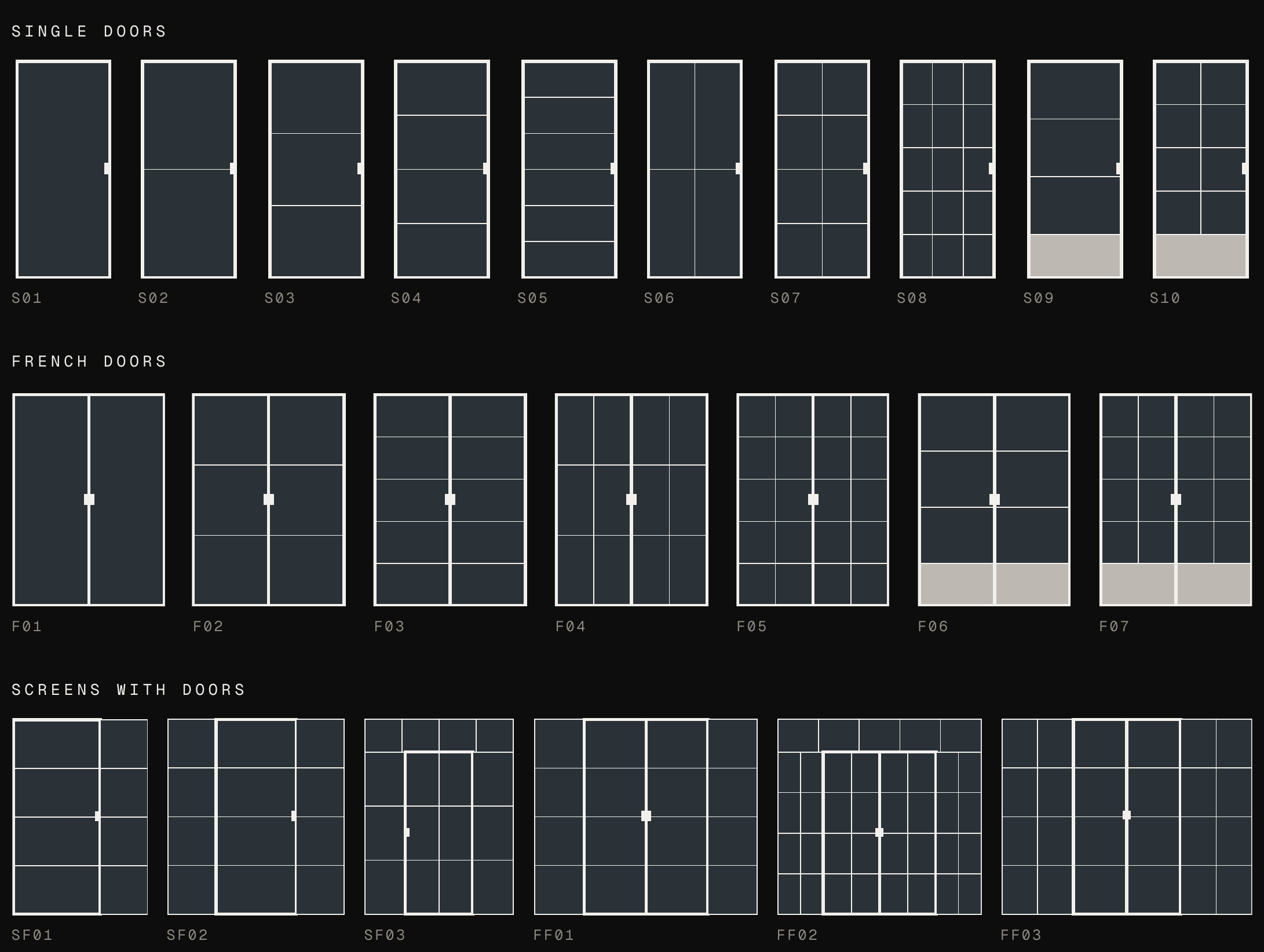 Style guide of steel doors: single doors S01 to S10, French doors F01 to F07, screens with doors SF01 to SF03 and FF01 to FF03