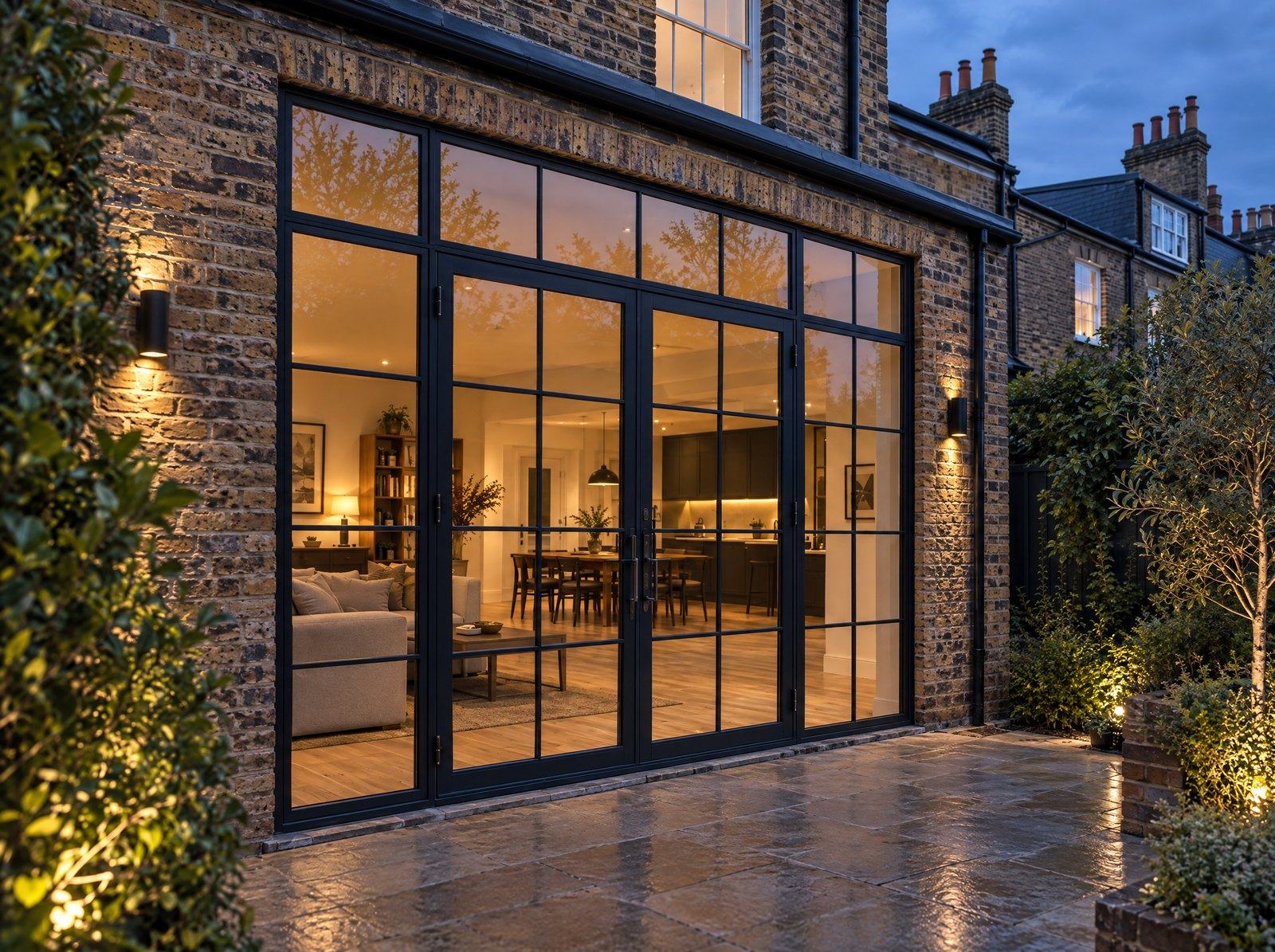 Black steel French doors with side lights at dusk