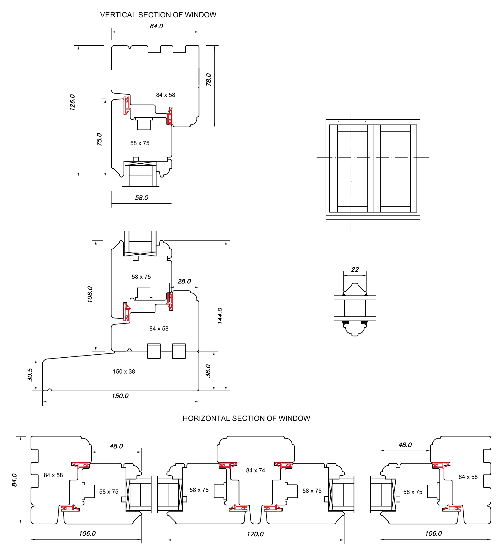 Flush casement window, vertical and horizontal sections with dimensions in millimetres